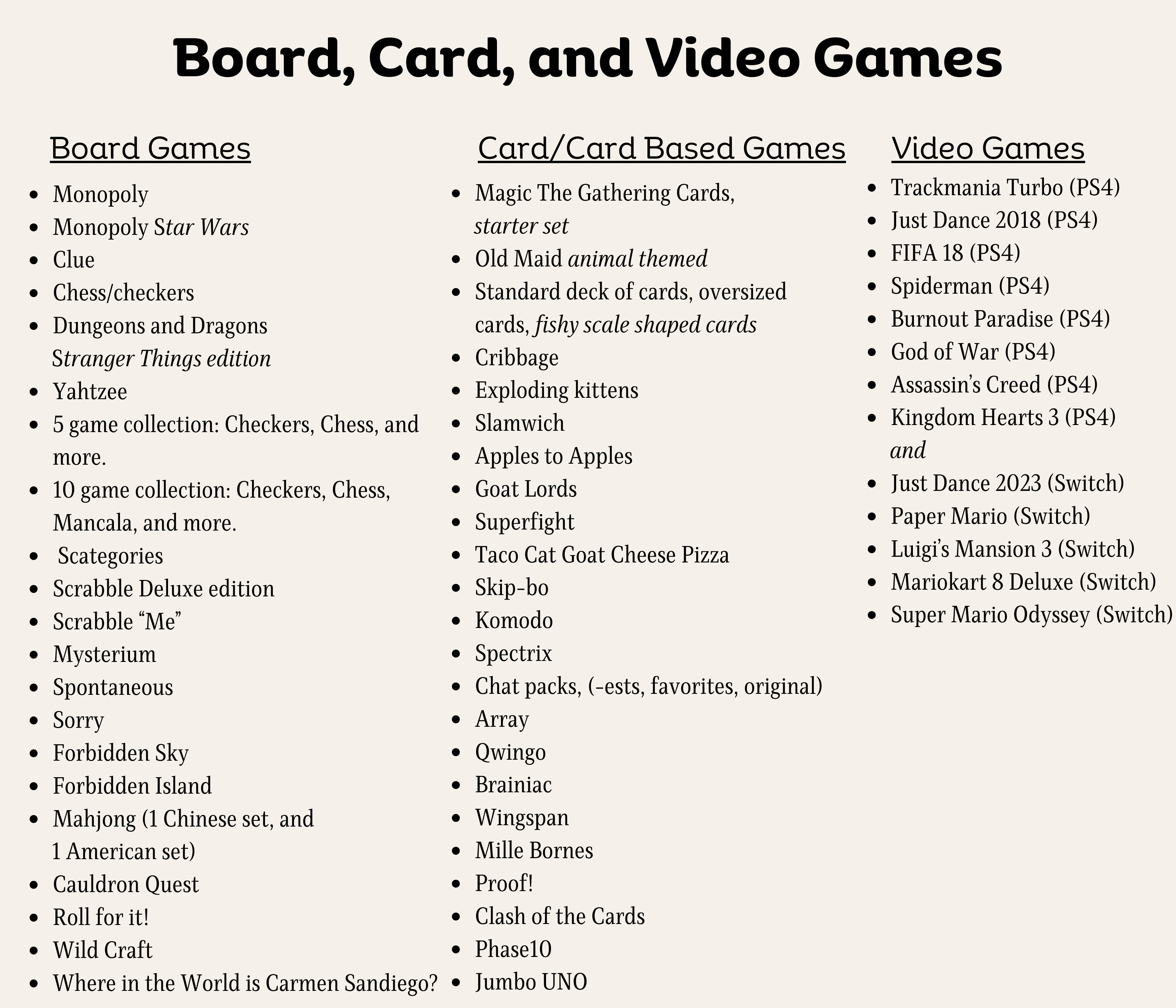 A categorized list of board, card, and video games. Transcribed Text: Board, Card, and Video Games Board Games Monopoly Monopoly Star Wars Clue Chess/checkers Dungeons and Dragons Stranger Things edition Yahtzee 5 game collection: Checkers, Chess, and more. 10 game collection: Checkers, Chess, Mancala, and more. Scategories Scrabble Deluxe edition Scrabble “Me” Mysterium Spontaneous Sorry Forbidden Sky Forbidden Island Mahjong (1 Chinese set, and 1 American set) Cauldron Quest Roll for it! Wild Craft Where in the World is Carmen Sandiego? Card/Card Based Games Magic The Gathering Cards, starter set Old Maid animal themed Standard deck of cards, oversized cards, fishy scale shaped cards Cribbage Exploding kittens Slamwich Apples to Apples Goat Lords Superfight Taco Cat Goat Cheese Pizza Skip-bo Komodo Spectrix Chat packs, (-ests, favorites, original) Array Qwingo Brainiac Wingspan Mille Bornes Proof! Clash of the Cards Phase10 Jumbo UNO Video Games Trackmania Turbo (PS4) Just Dance 2018 (PS4) FIFA 18 (PS4) Spiderman (PS4) Burnout Paradise (PS4) God of War (PS4) Assassin’s Creed (PS4) Kingdom Hearts 3 (PS4) and Just Dance 2023 (Switch) Paper Mario (Switch) Luigi’s Mansion 3 (Switch) Mariokart 8 Deluxe (Switch) Super Mario Odyssey (Switch)