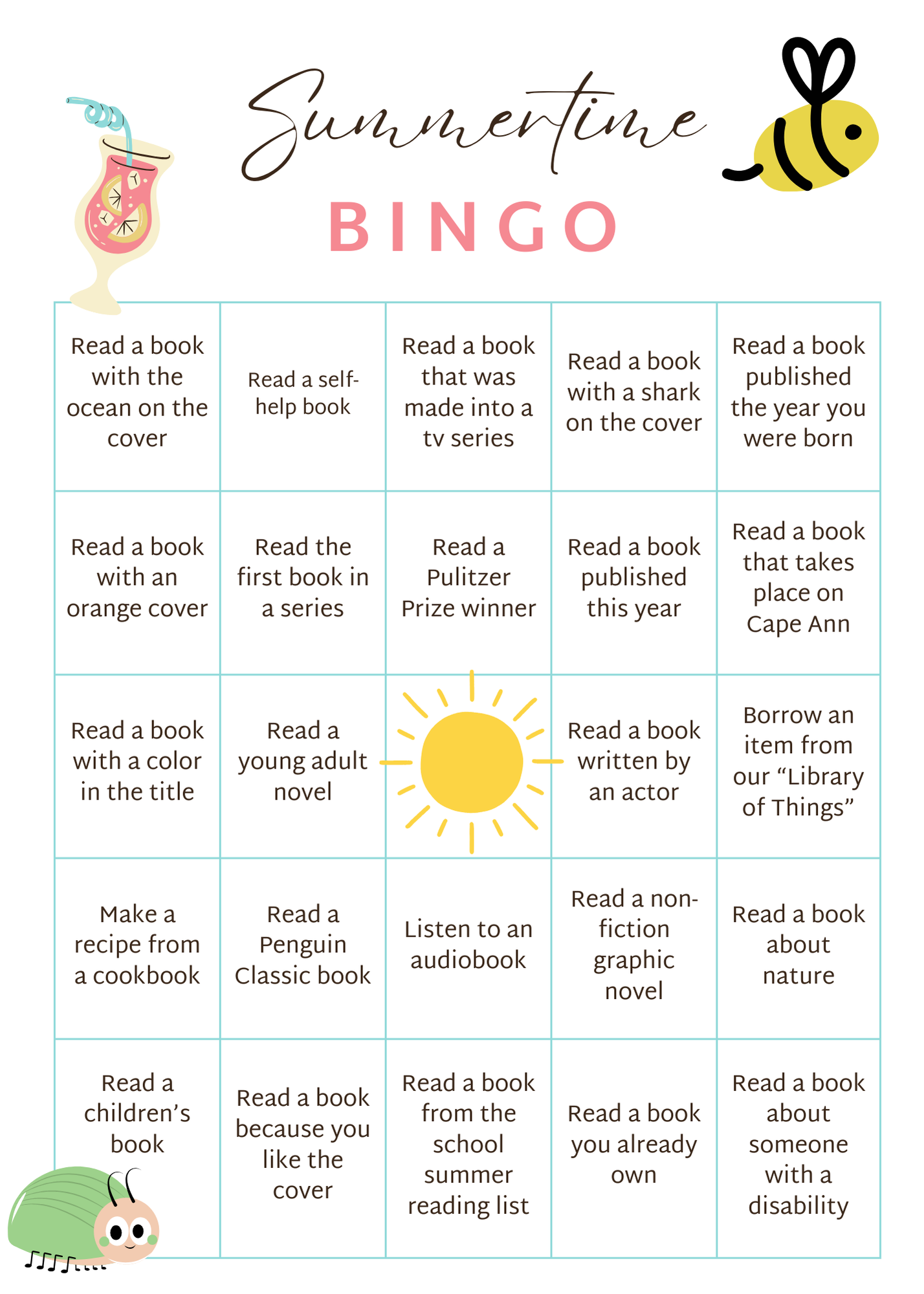 summertime reading bingo card