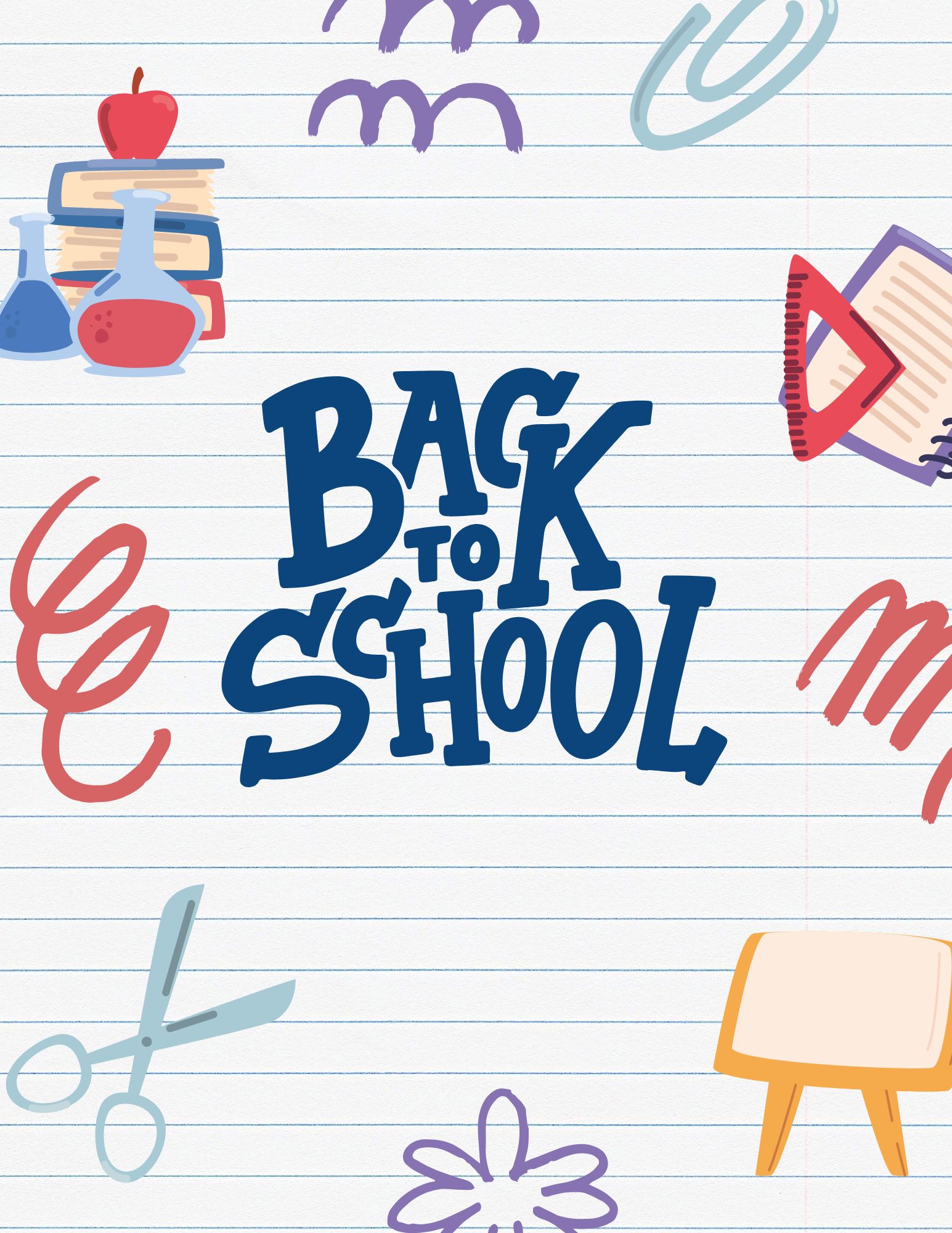 Back to School text with scissors, books, and scribbles